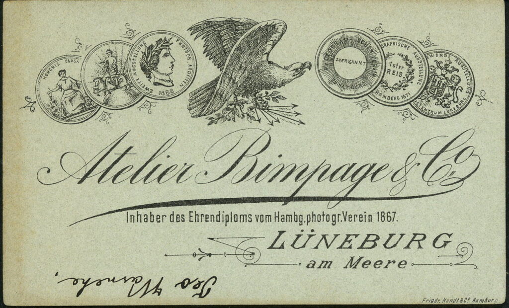 Reverse of a monochrome photographic portrait from between 1865 and the 1920s taken in Atelier Bimpage, Am Meere, Lüneburg