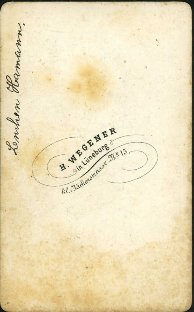 Reverse of a monochrome photographic portrait from between 1865 and the 1920s taken by H. Wegener, Kl. Bäckerstraße 15, Lüneburg
