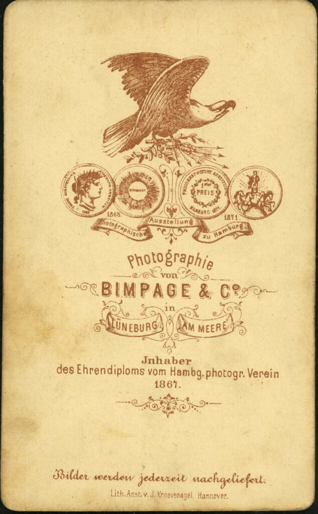 Reverse of a monochrome photographic portrait from between 1865 and the 1920s taken in Atelier Bimpage, Am Meere, Lüneburg