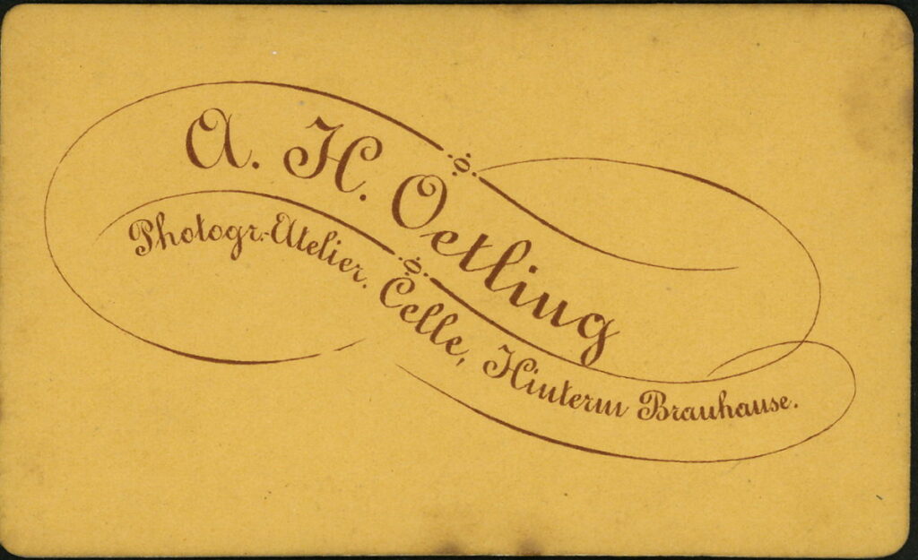 Reverse of a monochrome photographic portrait from between 1865 and the 1920s taken by A. H. Oetling, Hinterm Brauhause, Celle