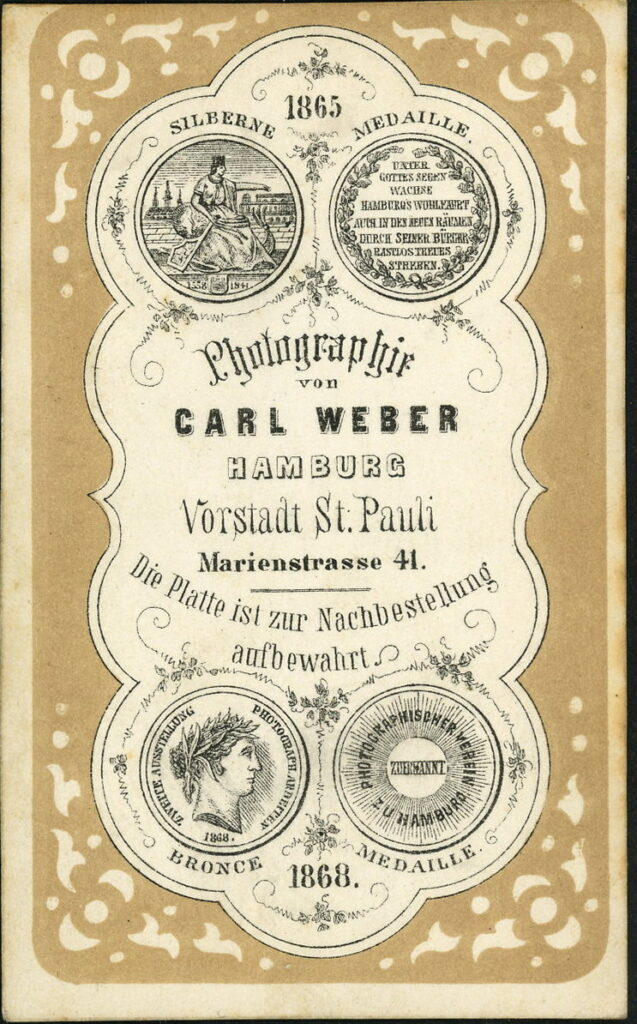 Reverse of a monochrome photographic portrait from between 1865 and the 1920s taken by Carl Weber, Marienstraße 41, St Pauli, Hamburg