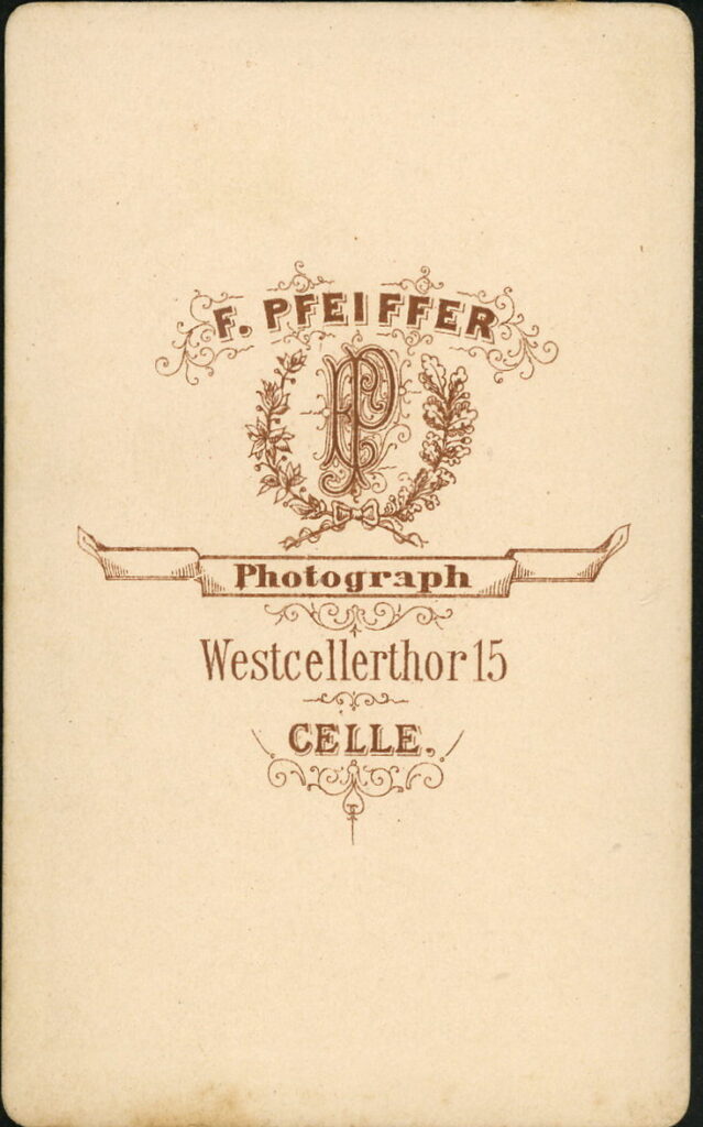 Reverse of a monochrome photographic portrait from between 1865 and the 1920s taken by F. Pfeiffer, Westcellerthor 15, Celle
