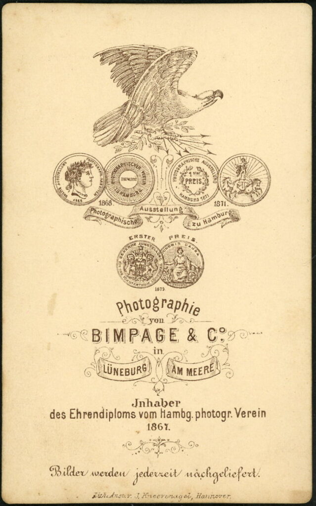 Reverse of a monochrome photographic portrait from between 1865 and the 1920s taken in Atelier Bimpage, Am Meere, Lüneburg