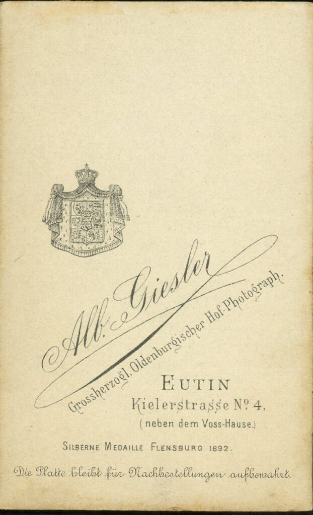Reverse of a monochrome photographic portrait from between 1865 and the 1920s taken by Alb. Giesler, Kielerstraße 4, Eutin