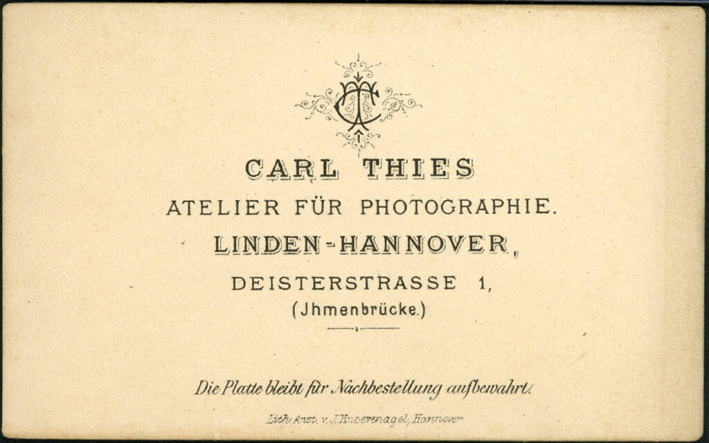 Reverse of a monochrome photographic portrait from between 1865 and the 1920s taken by Carl Thies, Deisterstraße 1, Linden-Hannover