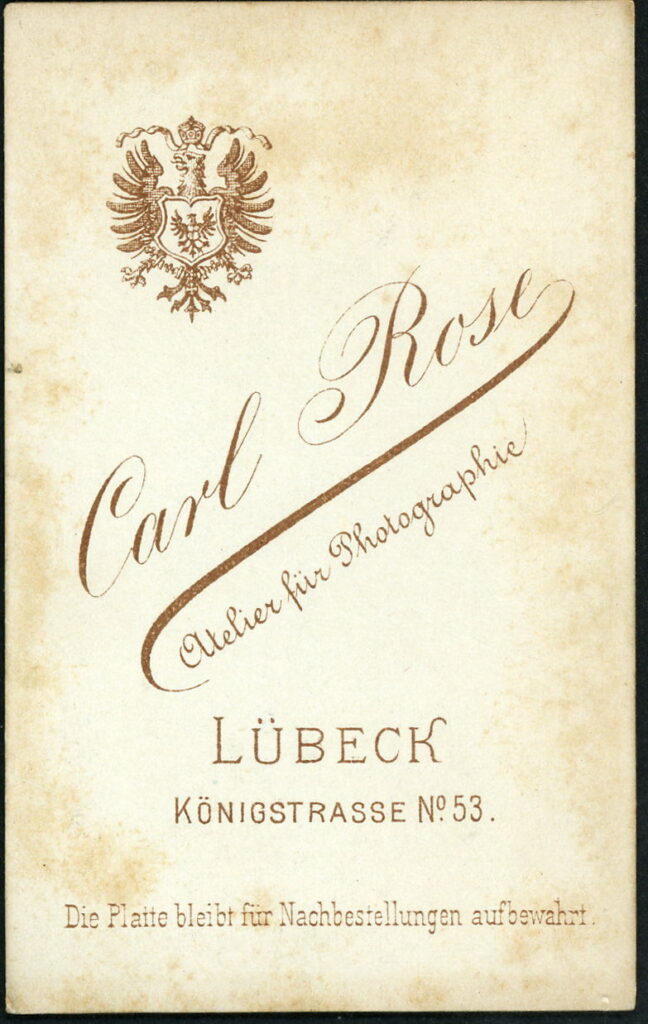 Reverse of a monochrome photographic portrait from between 1865 and the 1920s taken by Carl Rose, Königstraße 53, Lübeck