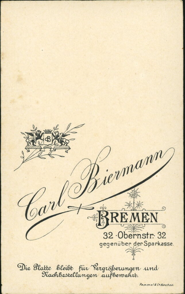 Reverse of a monochrome photographic portrait from between 1865 and the 1920s taken by Carl Biermann, Obernstraße 32, Bremen