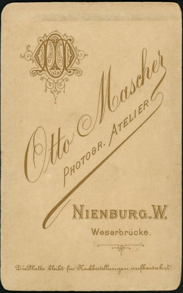 Reverse of a monochrome photographic portrait from between 1865 and the 1920s taken by Otto Mascher, Weserbrücke, Nienburg a. W.