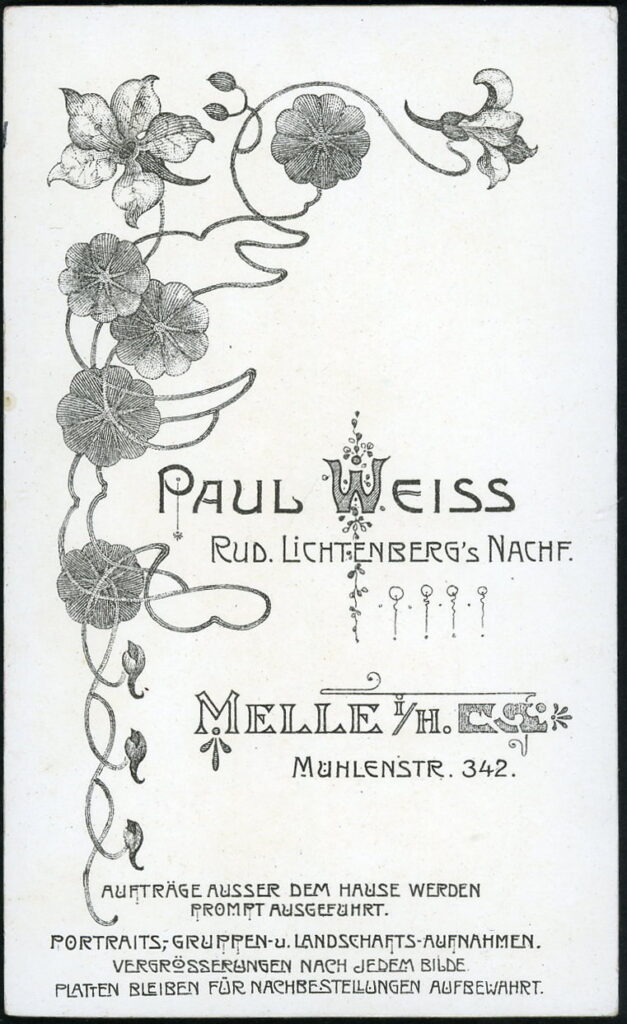 Reverse of a monochrome photographic portrait from between 1865 and the 1920s taken by Paul Weiss, Mühlenstraße 342, Melle i. H, formerly Rud. Lichtenberg