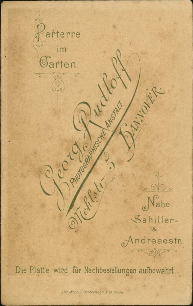 Reverse of a monochrome photographic portrait from between 1865 and the 1920s taken by Georg Rudloff, Mehlstraße 5, Hannover