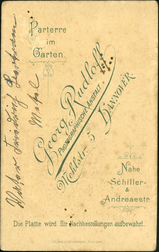 Reverse of a monochrome photographic portrait from between 1865 and the 1920s taken by Georg Rudloff, Mehlstraße 5, Hannover