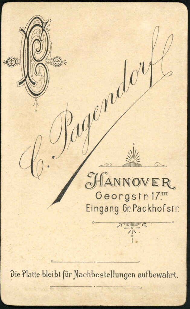 Reverse of a monochrome photographic portrait from between 1865 and the 1920s taken by C. Pagendorf, Georgstraße 17, Hannover