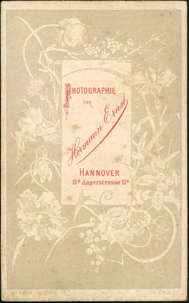Reverse of a monochrome photographic portrait from between 1865 and the 1920s taken by Hermann Ernst, Angerstraße 13a, Hannover