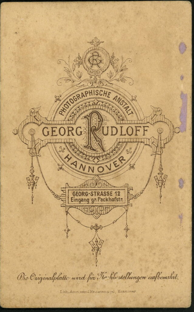 Reverse of a monochrome photographic portrait from between 1865 and the 1920s taken by Georg Rudloff, Georg-Straße 12, Hannover