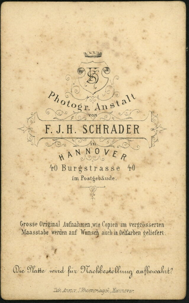 Reverse of a monochrome photographic portrait from between 1865 and the 1920s taken by F. J. H. Schrader, Burgstraße 40, Hannover