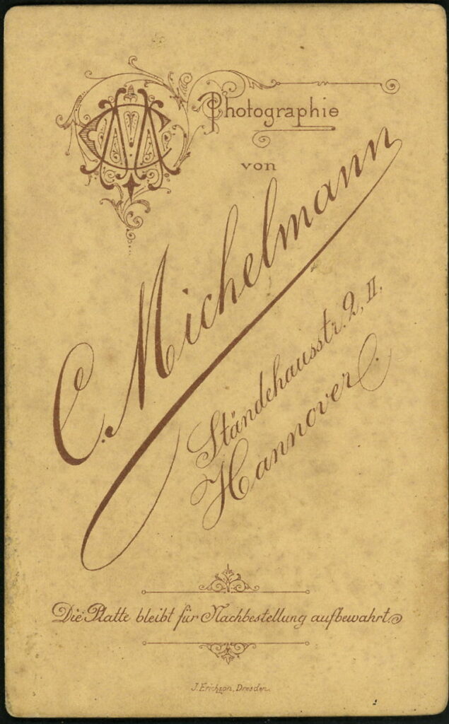 Reverse of a monochrome photographic portrait from between 1865 and the 1920s taken by Carl Michelmann, Ständehausstraße 9, Hannover