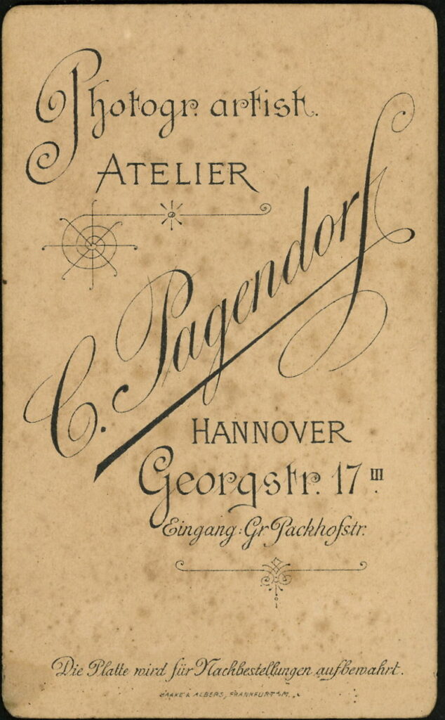 Reverse of a monochrome photographic portrait from between 1865 and the 1920s taken by C. Pagendorf, Georgstraße 17, Hannover