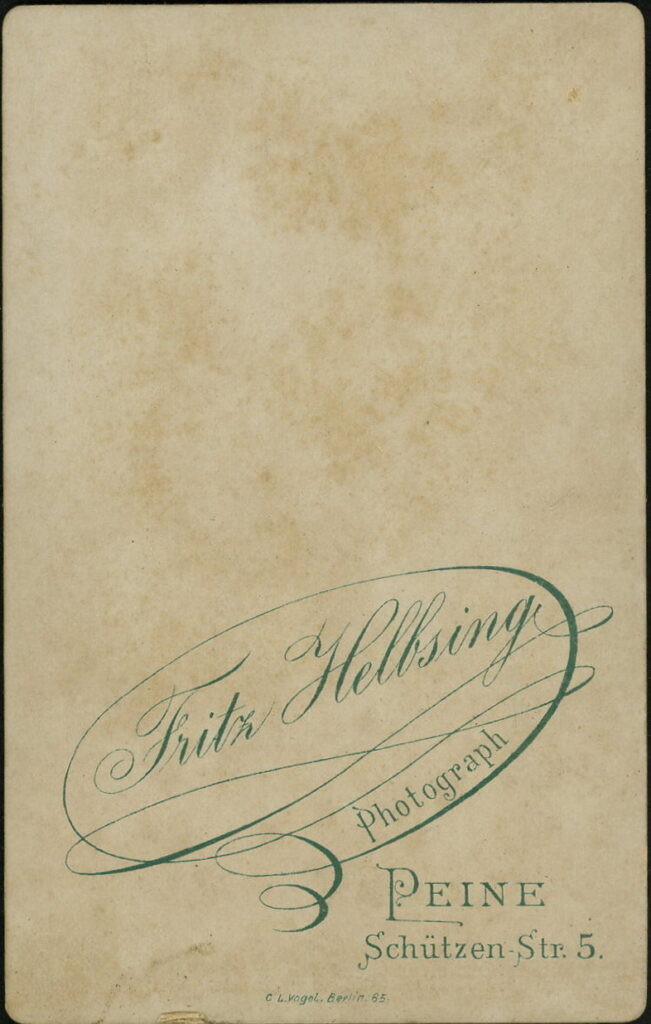 Reverse of a monochrome photographic portrait from between 1865 and the 1920s taken by Fritz Helbsing, Schützen-Straße 5, Peine