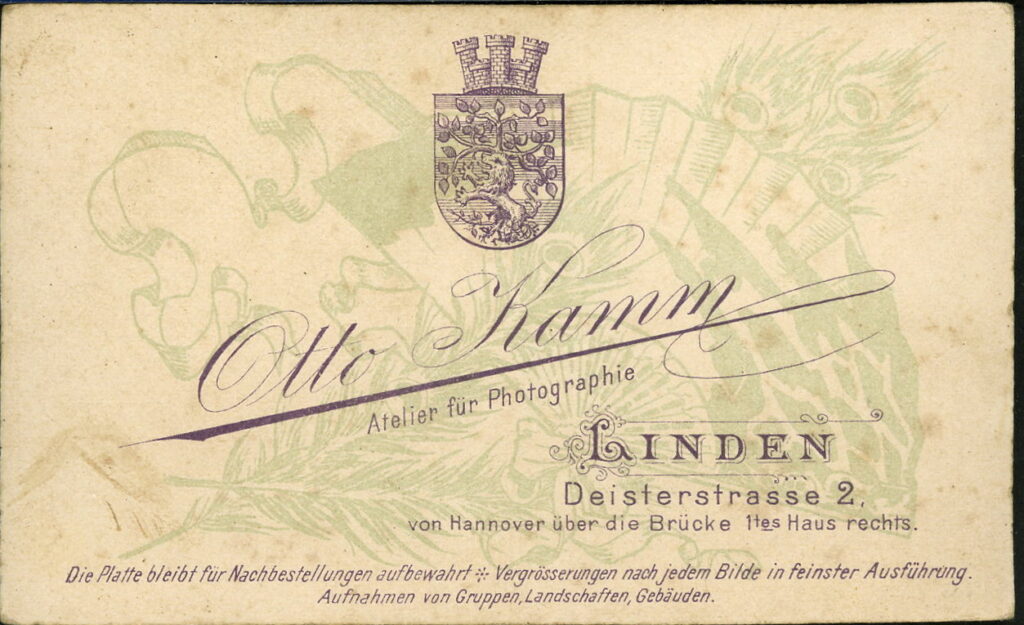 Reverse of a monochrome photographic portrait from between 1865 and the 1920s taken by Otto Kamm, Deisterstraße 2, Linden