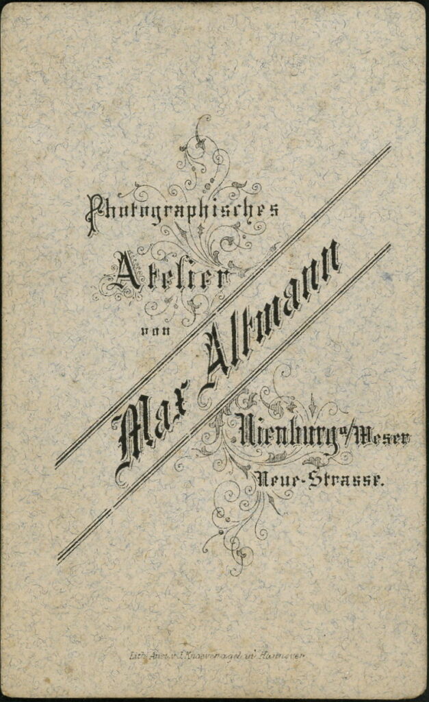 Reverse of a monochrome photographic portrait from between 1865 and the 1920s taken by Max Altmann, Neue-Straße, Nienburg a. W.