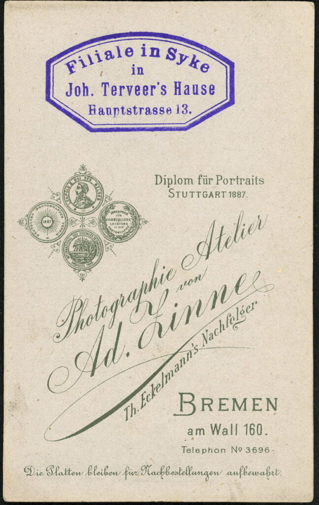 Reverse of a monochrome photographic portrait from between 1865 and the 1920s taken by Ad. Zinne, formerly Th. Eckelmann, Am Wall 160, Bremen, Hauptstraße 13, Syke