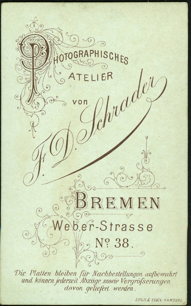 Reverse of a monochrome photographic portrait from between 1865 and the 1920s taken by F. D. Schrader, Weber-Straße 38, Bremen