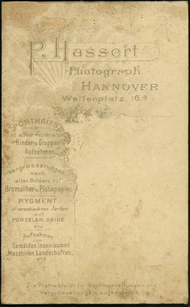 Reverse of a monochrome photographic portrait from between 1865 and the 1920s taken by P. Hassert, Welfenplatz 16a, Hannover