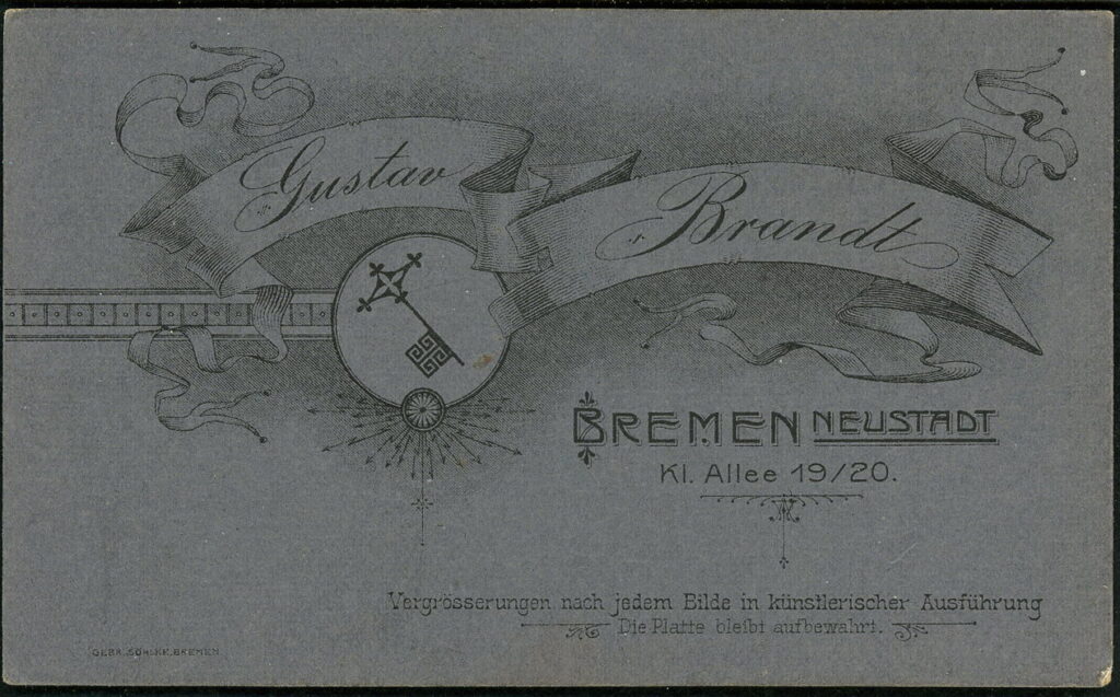 Reverse of a monochrome photographic portrait from between 1865 and the 1920s taken by Gustav Brandt, Kl. Allee 19 / 20, Bremen-Neustadt
