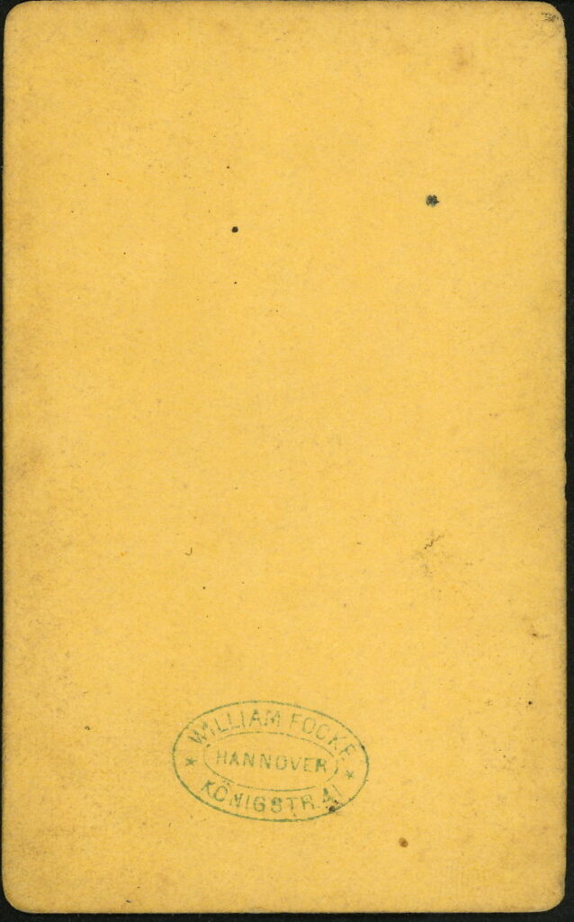 Reverse of a monochrome photographic portrait from between 1865 and the 1920s taken by William Focke, Königstraße 41, Hannover