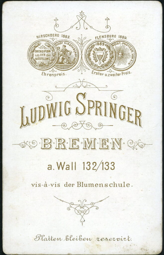 Reverse of a monochrome photographic portrait from between 1865 and the 1920s taken by Ludwig Springer, Am Wall 132 / 133, Bremen