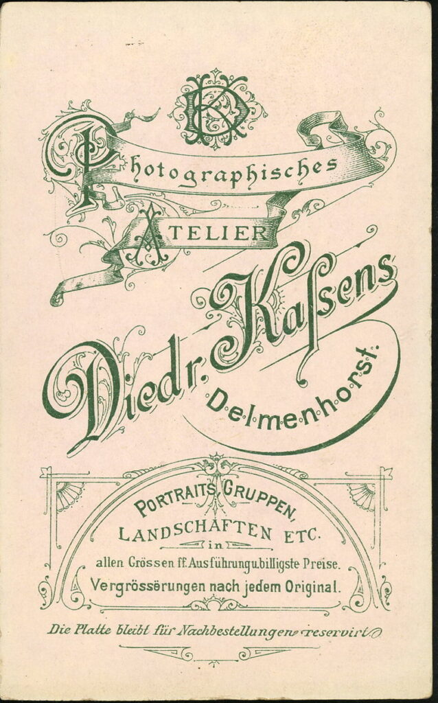 Reverse of a monochrome photographic portrait from between 1865 and the 1920s taken by Diedr. Kassens, Delmenhorst
