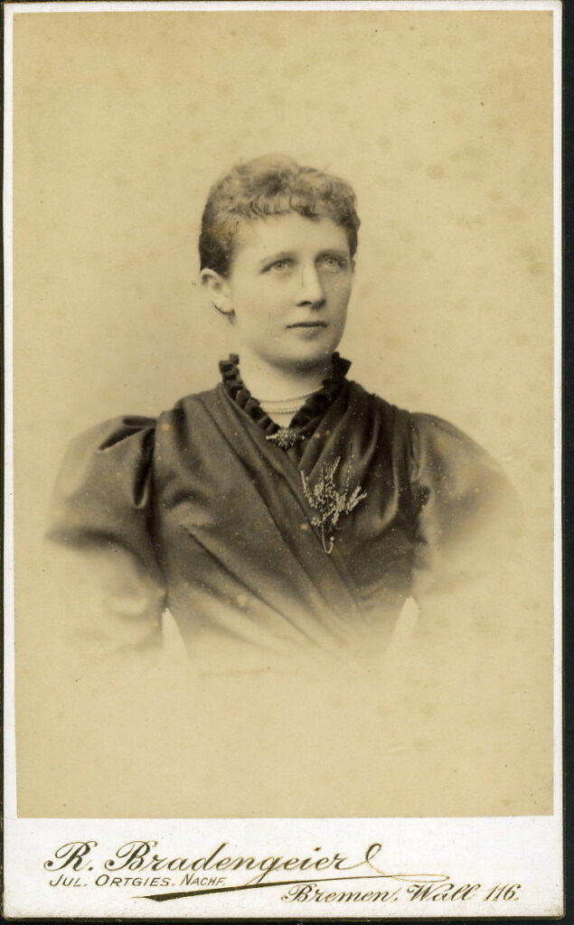 A monochrome photographic portrait from between 1865 and the 1920s taken by R. Bradengeier, formerly Jul. Ortgies, Wall 116, Bremen