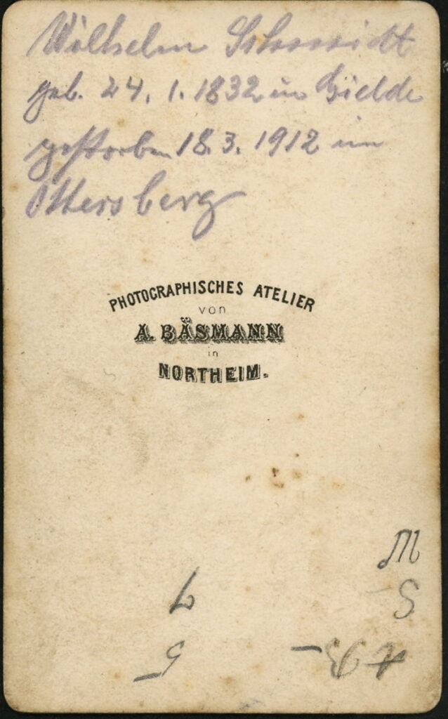 Reverse of a monochrome photographic portrait from between 1865 and the 1920s taken by A. Bäsmann, Northeim