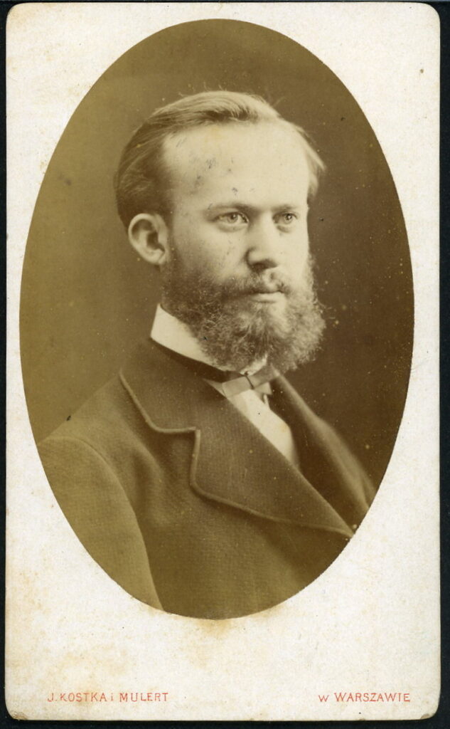 A monochrome photographic portrait from between 1865 and the 1920s taken by J. Kostka i. Mulert, formerly K. Bayer, Krakowskie Przedmiescie 38, Warszawie