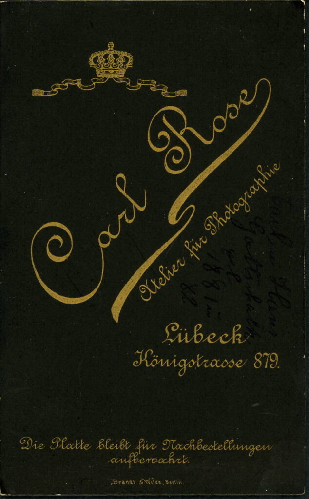 Reverse of a monochrome photographic portrait from between 1865 and the 1920s taken by Carl Rose, Königstraße 879, Lübeck