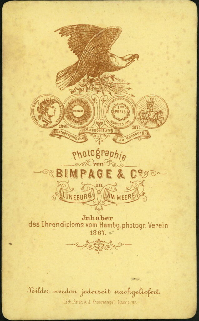 Reverse of a monochrome photographic portrait from between 1865 and the 1920s taken in Atelier Bimpage, Am Meere, Lüneburg
