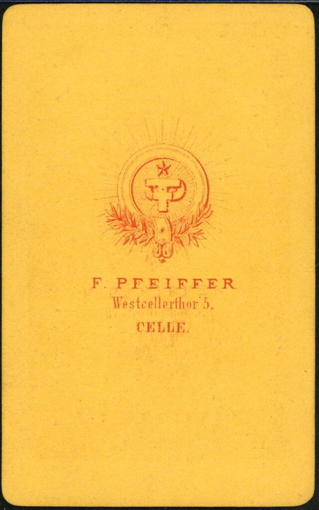 Reverse of a monochrome photographic portrait from between 1865 and the 1920s taken by F. Pfeiffer, Westcellerthor 5, Celle