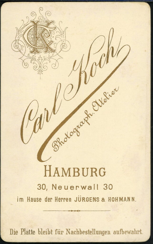 Reverse of a monochrome photographic portrait from between 1865 and the 1920s taken by Carl Koch, Neuerwall 30, Hamburg