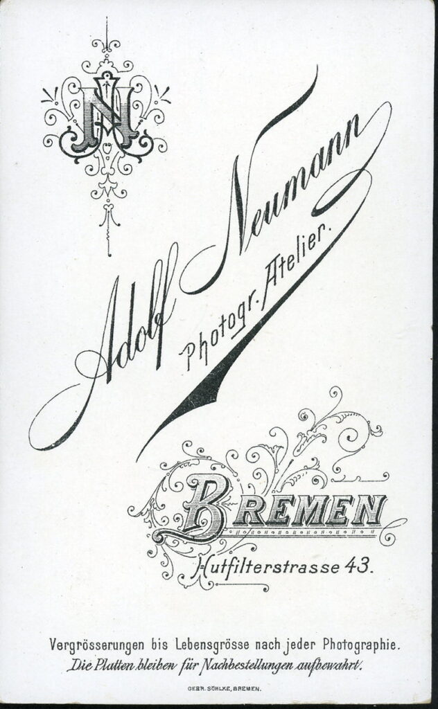 Reverse of a monochrome photographic portrait from between 1865 and the 1920s taken by Adolf Neumann, Hutfilterstraße 43, Bremen