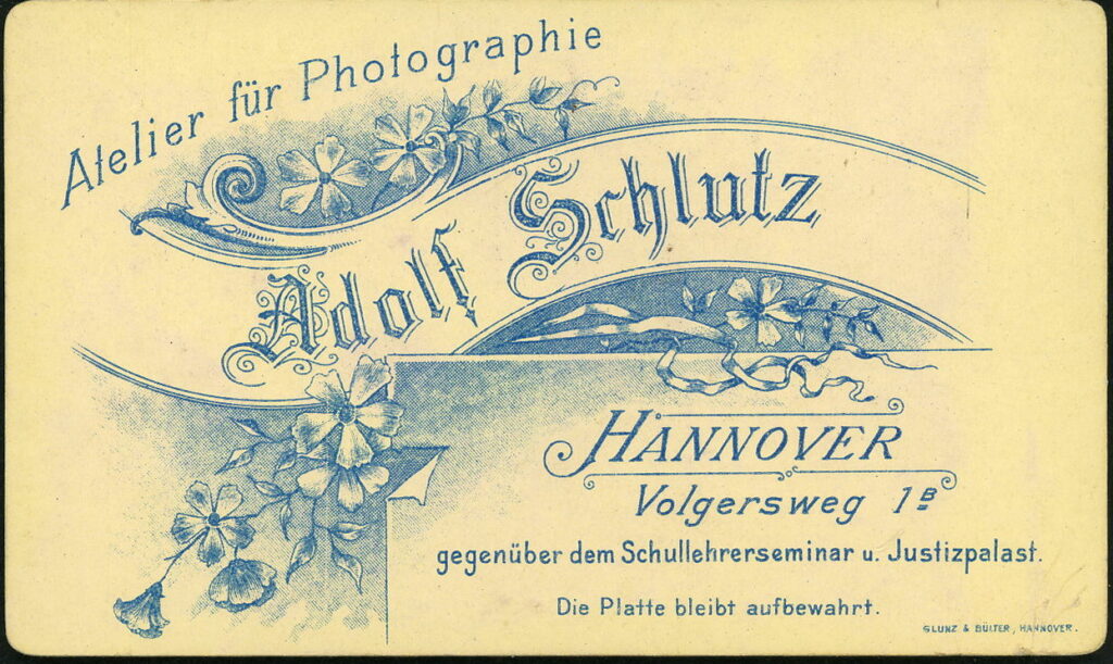 Reverse of a monochrome photographic portrait from between 1865 and the 1920s taken by Adolf Schlutz, Volgersweg 1b, Hannover