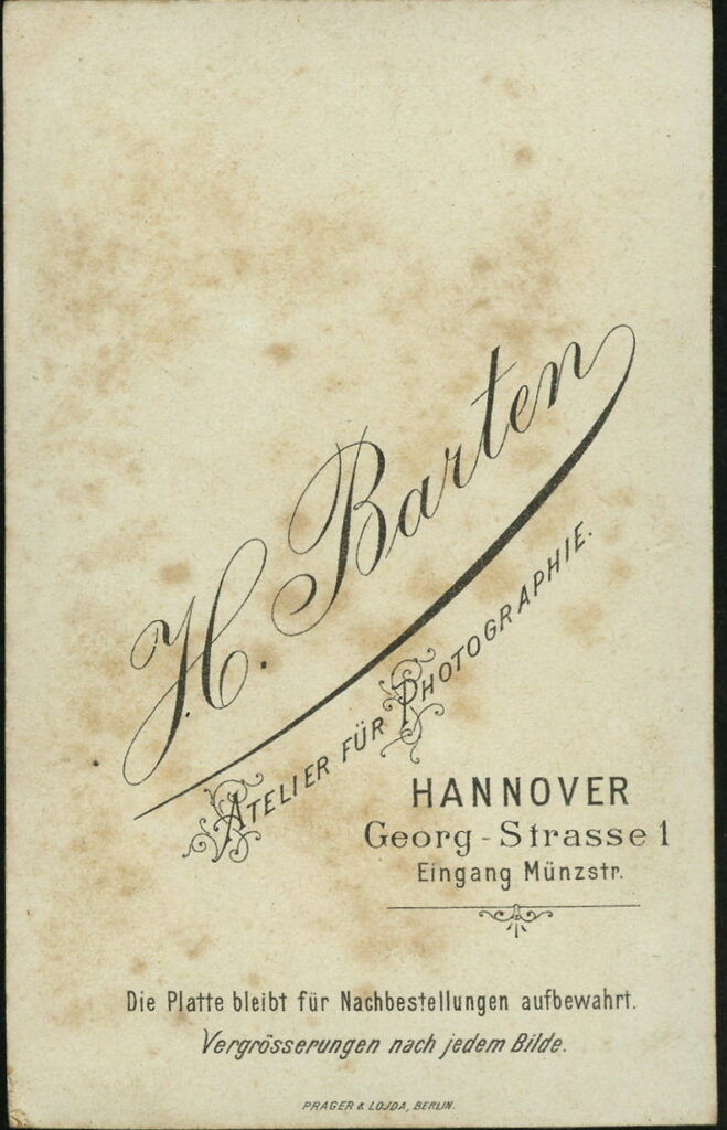 Reverse of a monochrome photographic portrait from between 1865 and the 1920s taken by H. Barten, Georg-Straße 1, Hannover