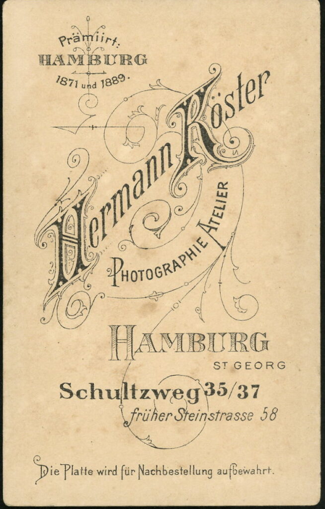 Reverse of a monochrome photographic portrait from between 1865 and the 1920s taken by Hermann Köster, Schultzweg 35 / 37, Hamburg-St Georg, formerly Steinstraße 58, Hamburg-St Georg