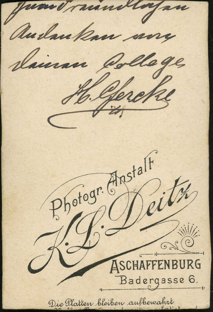 Reverse of a monochrome photographic portrait from between 1865 and the 1920s taken by K. L. Deitz, Badergasse 6, Aschaffenburg