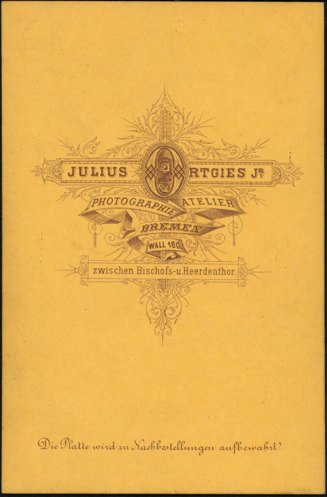 Reverse of a monochrome photographic portrait from between 1865 and the 1920s taken by Julius Ortgies, Wall 160, Bremen