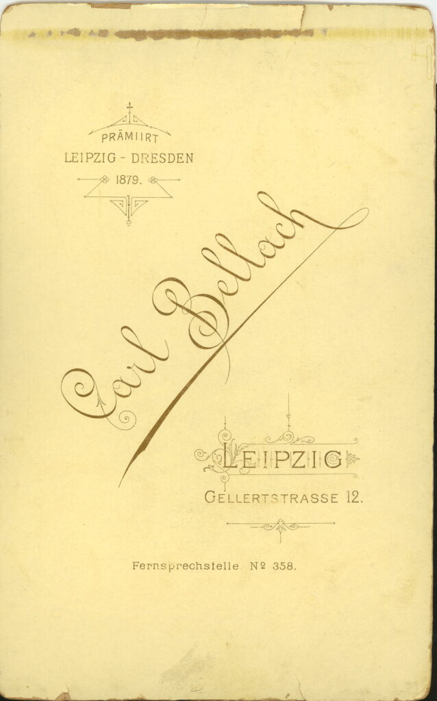 Reverse of a monochrome photographic portrait from between 1865 and the 1920s taken by Carl Bellach, Gellertstraße 12, Leipzig