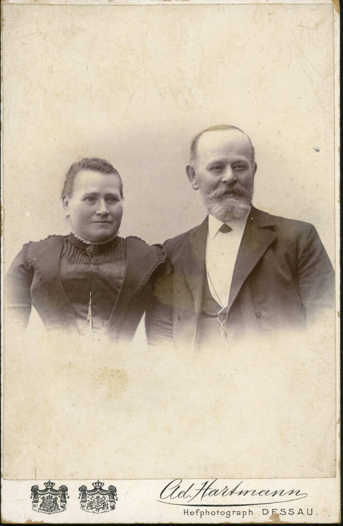 A monochrome photographic portrait from between 1865 and the 1920s taken by Ad. Hartmann, Franz-Straße 24b, Dessau