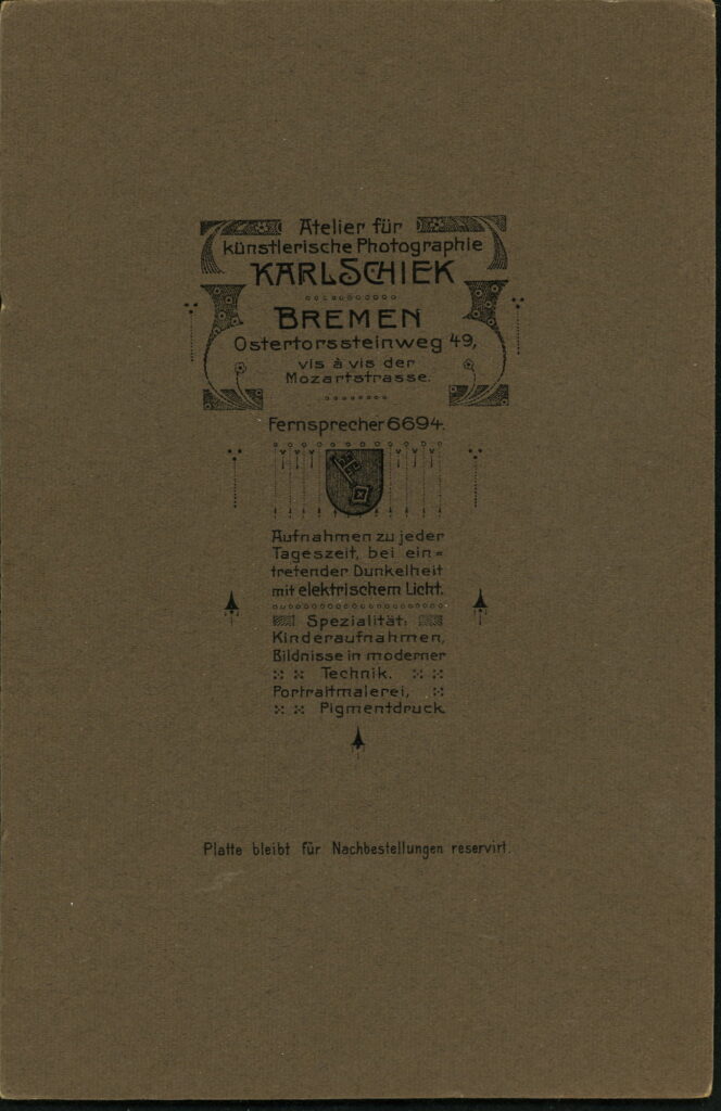 Reverse of a monochrome photographic portrait from between 1865 and the 1920s taken by Karl Schiek, Ostertorssteinweg 49, Bremen