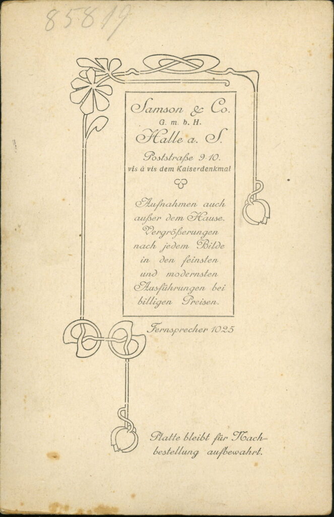 Reverse of a monochrome photographic portrait from between 1865 and the 1920s taken by Samson & Co., Poststraße 9 / 10, Halle a. S.