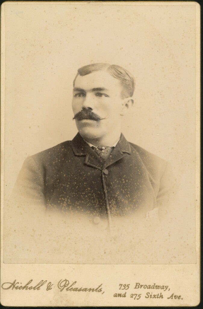 A monochrome photographic portrait from between 1865 and the 1920s taken by Nicholl & Pleasants, 735 Broadway New York, 275 Sixth Avenue, New York