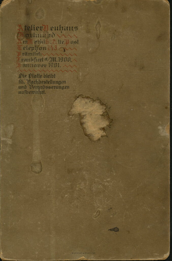 Reverse of a monochrome photographic portrait from between 1865 and the 1920s taken in Atelier Neuhaus, Am Markt 6, Dortmund